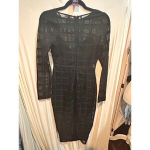 A. Peach Black Long Sleeve Sheer Grid Bodycon Midi‎ Dress - Size Small